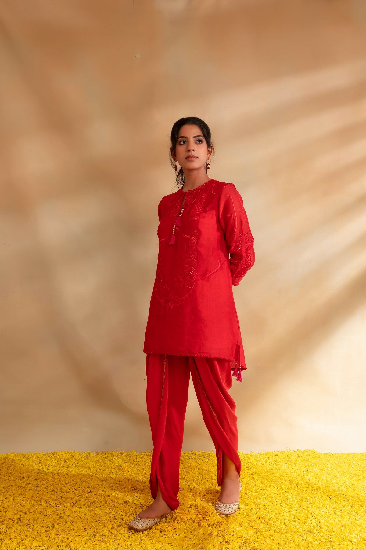 Coral pink silk chanderi kurti set and dhoti pant