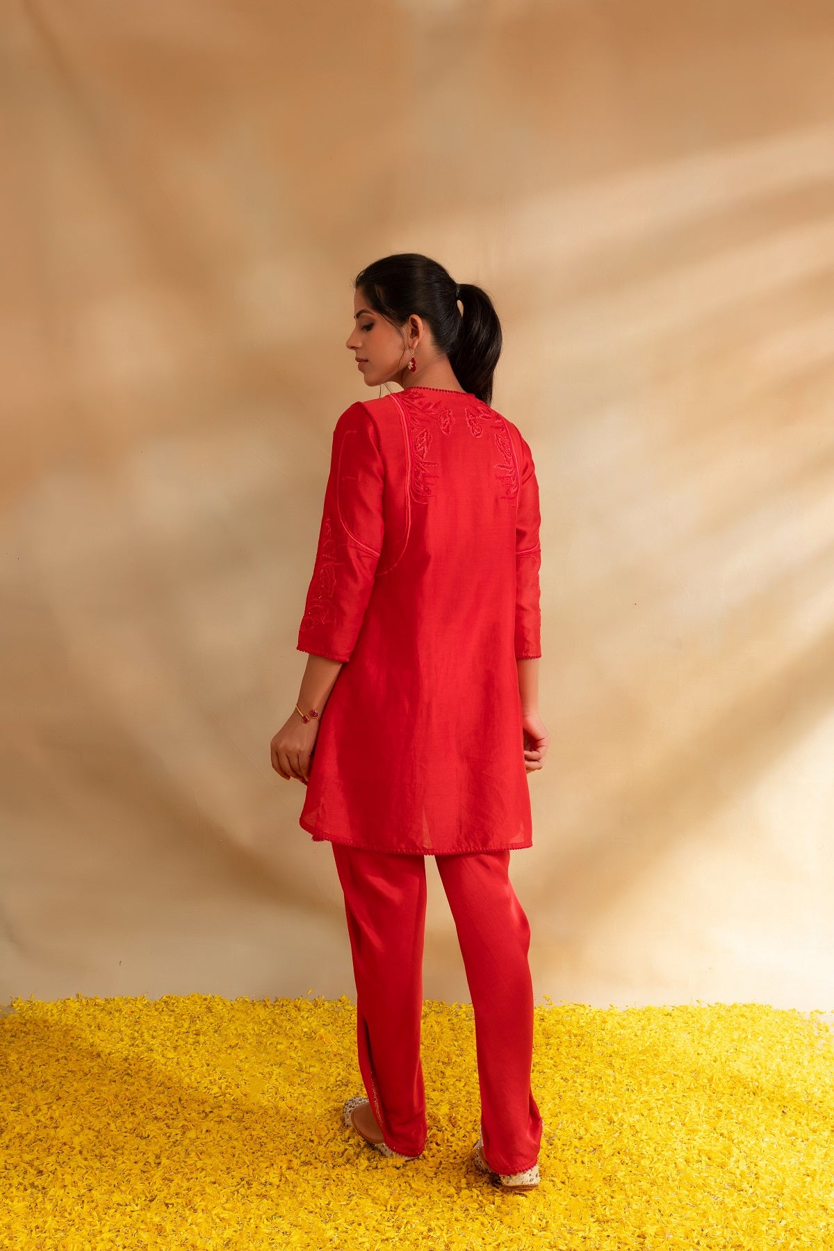 Coral pink silk chanderi kurti set and dhoti pant