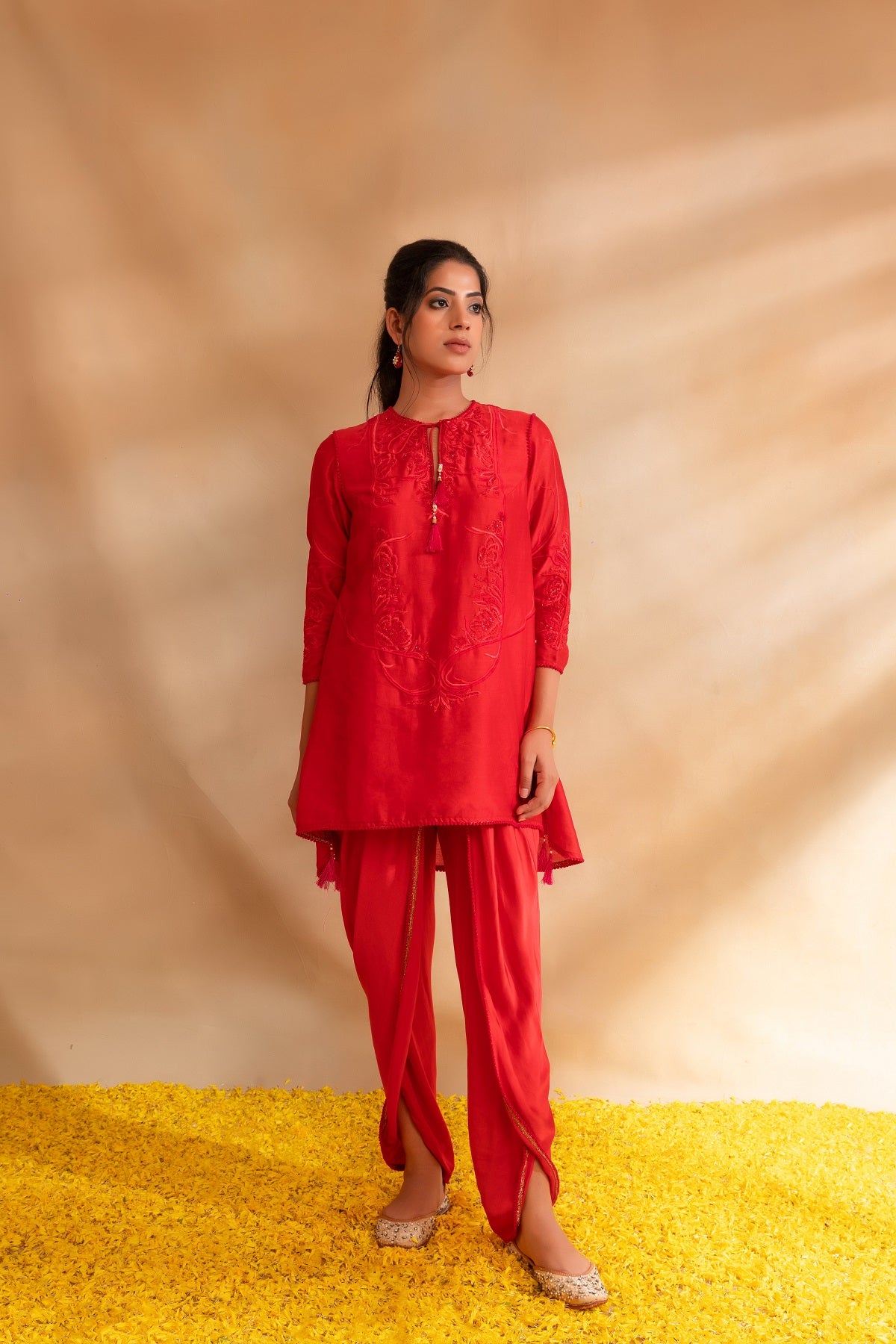 Coral pink silk chanderi kurti set and dhoti pant