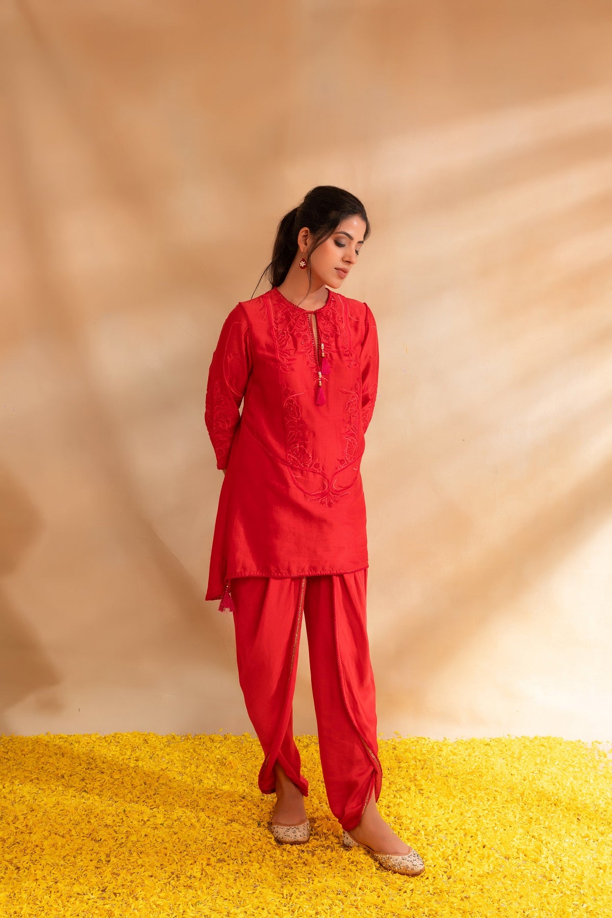 Coral pink silk chanderi kurti set and dhoti pant