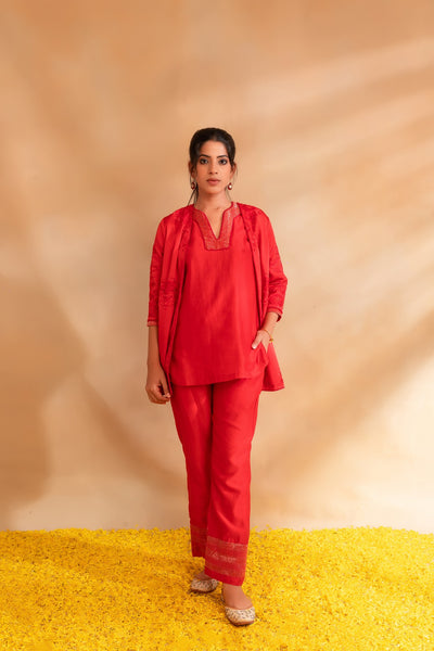 Coral pink silk chanderi top pant with modal satin jacet set