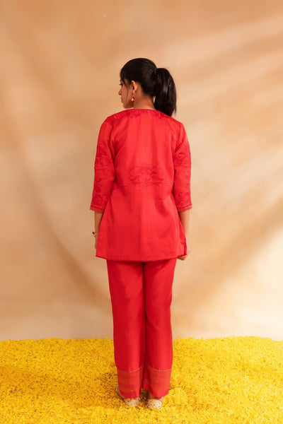 Coral pink silk chanderi top pant with modal satin jacet set