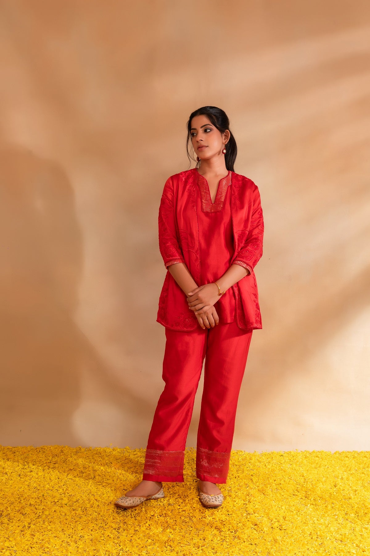 Coral pink silk chanderi top pant with modal satin jacet set