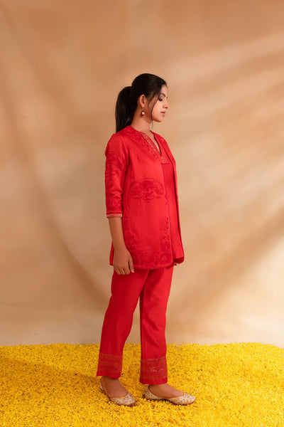 Coral pink silk chanderi top pant with modal satin jacet set