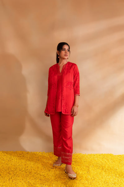 Coral pink silk chanderi top pant with modal satin jacet set