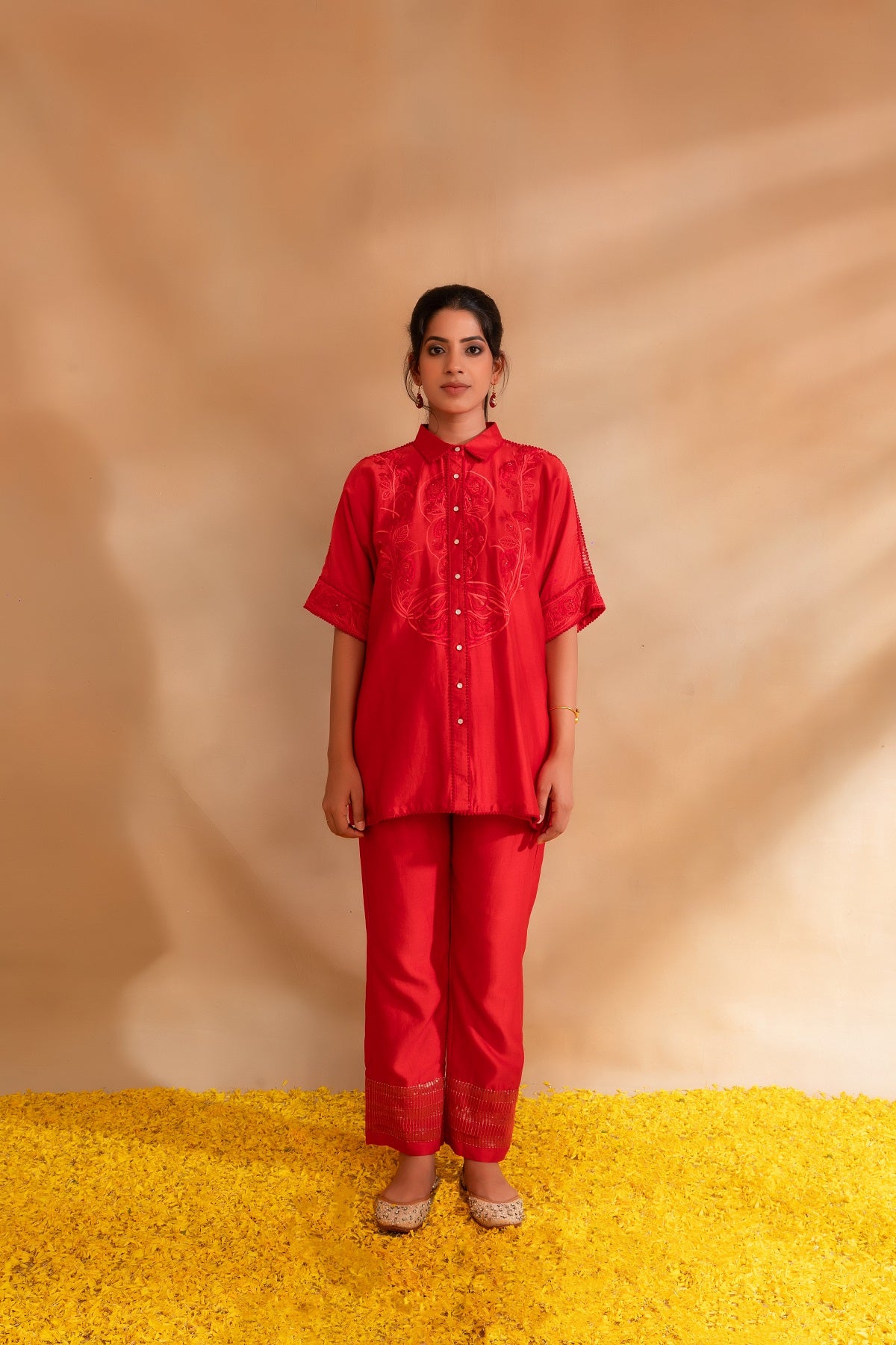 Coral pink silk chanderi Kaftan shirt set