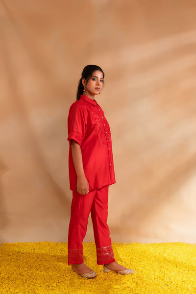 Coral pink silk chanderi Kaftan shirt set