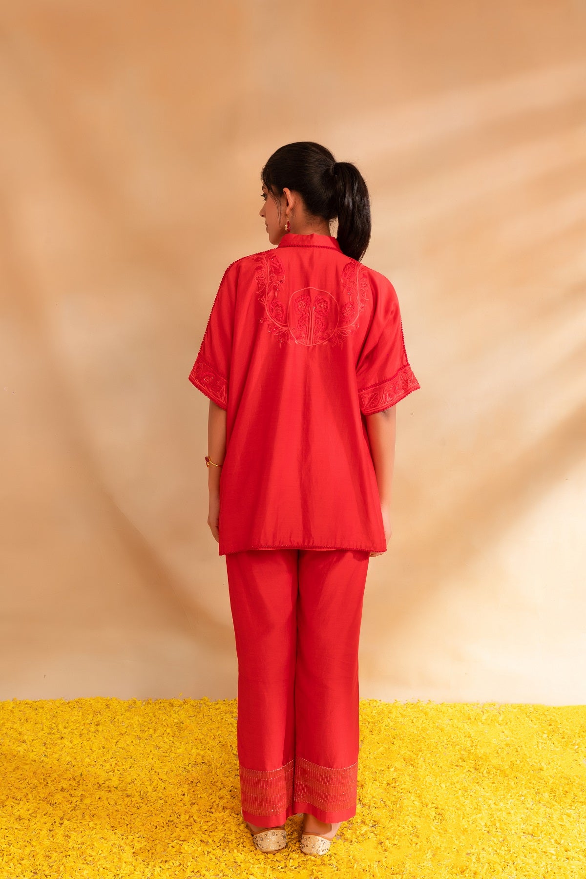 Coral pink silk chanderi Kaftan shirt set