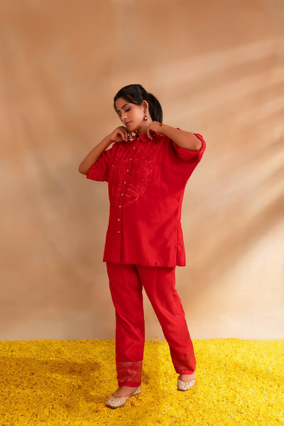 Coral pink silk chanderi Kaftan shirt set