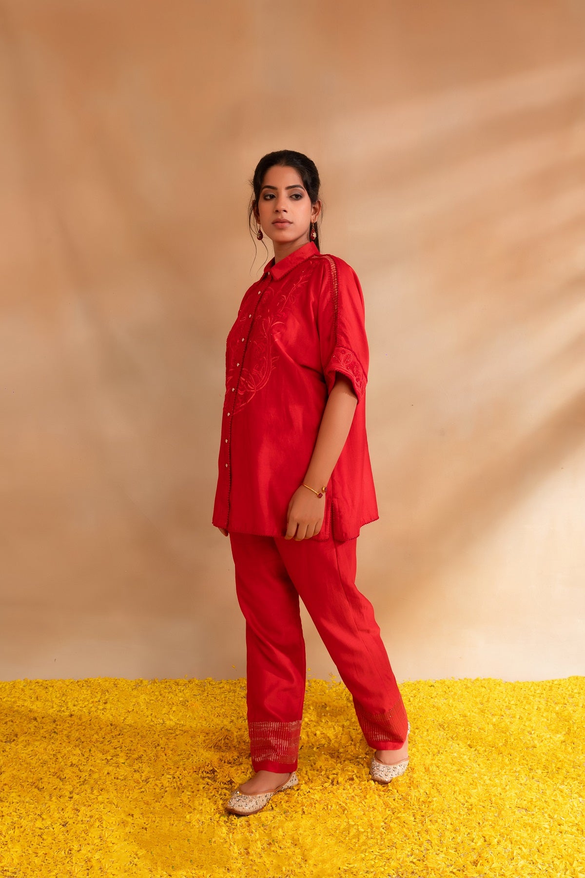 Coral pink silk chanderi Kaftan shirt set