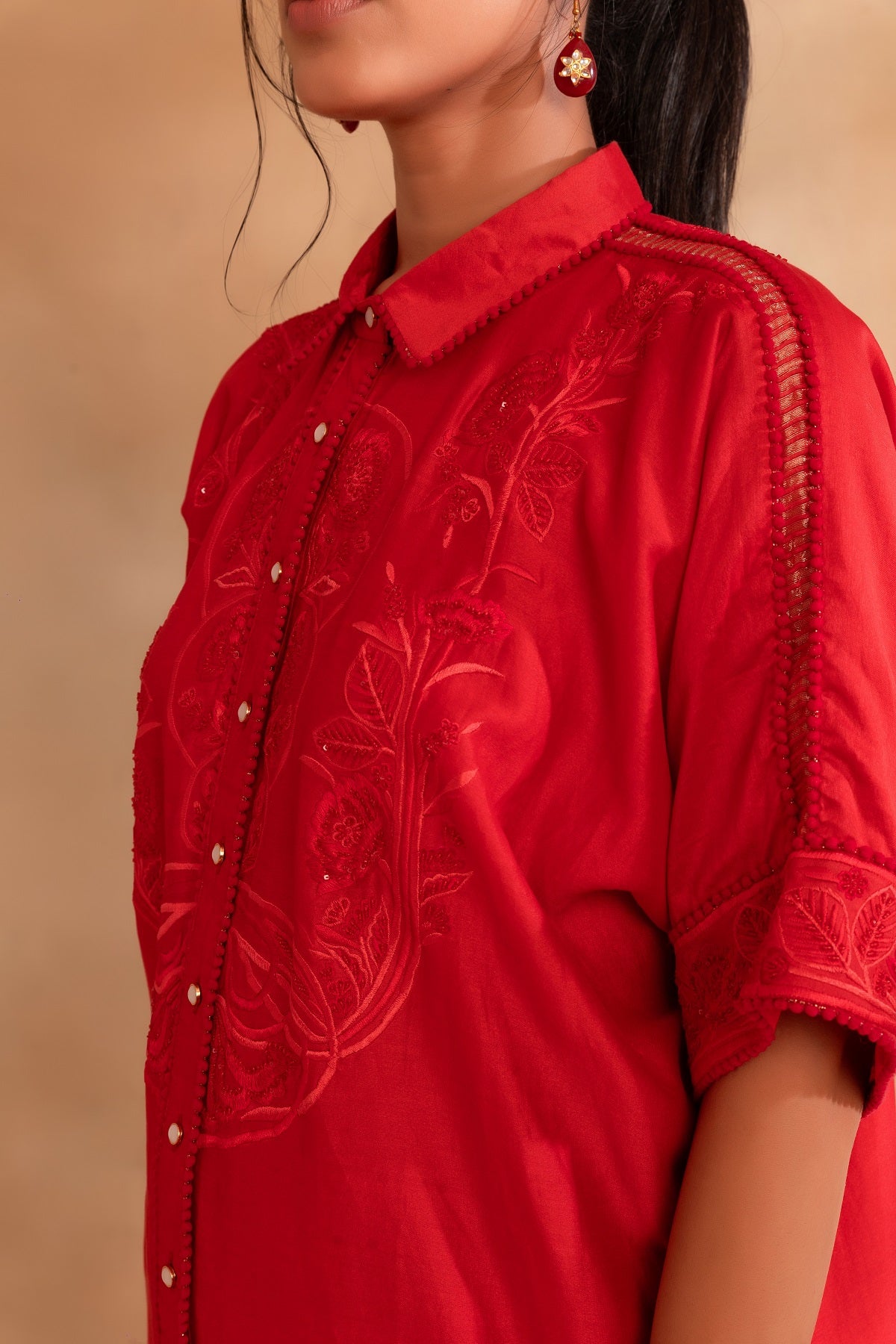 Coral pink silk chanderi Kaftan shirt set