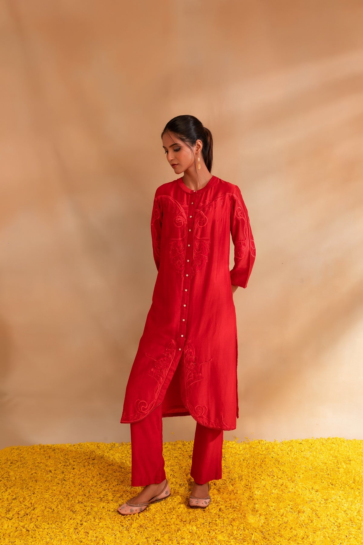 Coral pink silk chanderi tunic set and pant