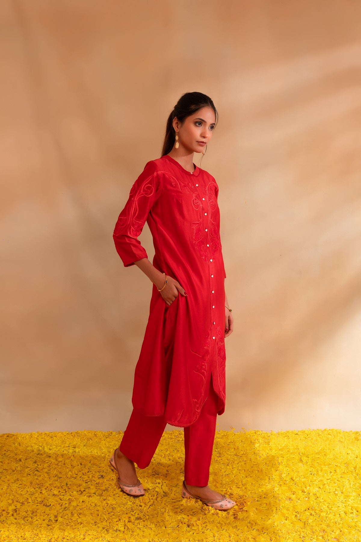 Coral pink silk chanderi tunic set and pant