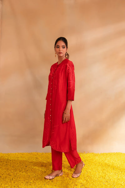 Coral pink silk chanderi tunic set and pant