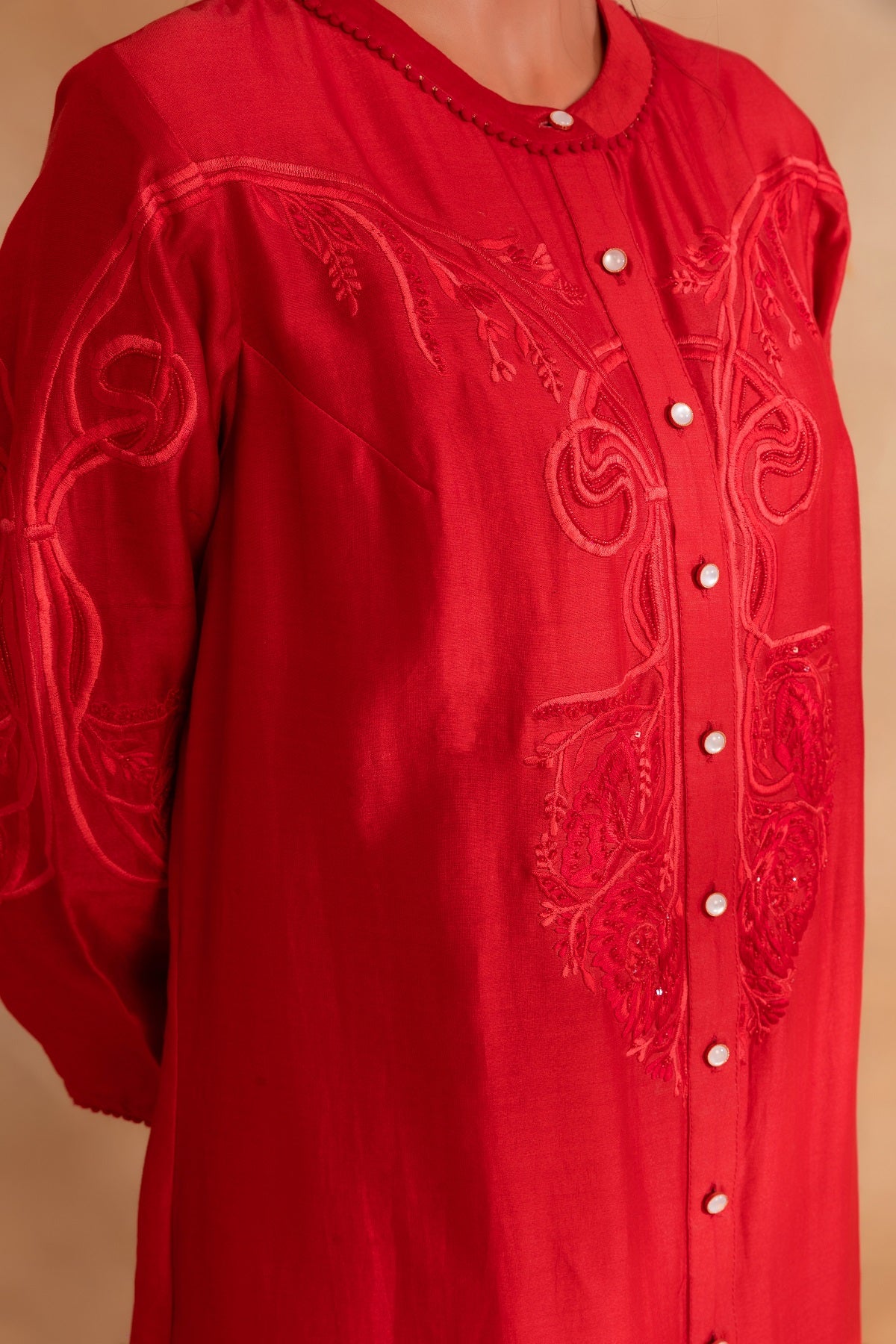 Coral pink silk chanderi tunic set and pant