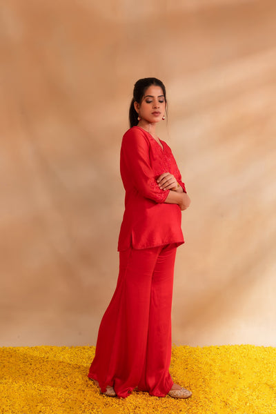 Coral pink silk chanderi  top set and modal satin pant