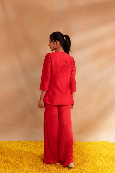 Coral pink silk chanderi  top set and modal satin pant