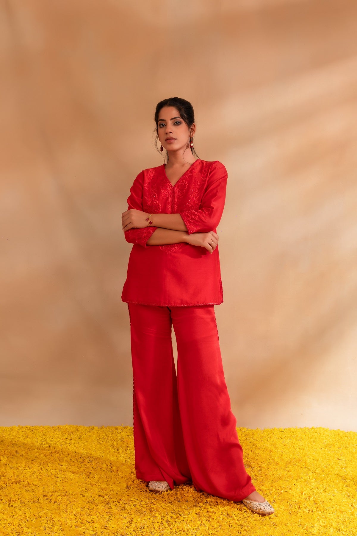 Coral pink silk chanderi  top set and modal satin pant