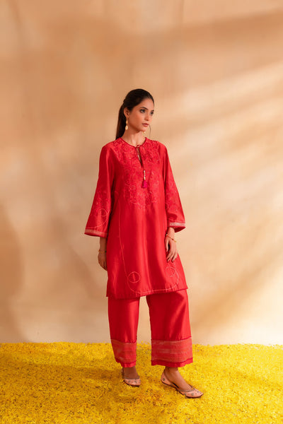 Coral pink silk chanderi pakistani style tunic set