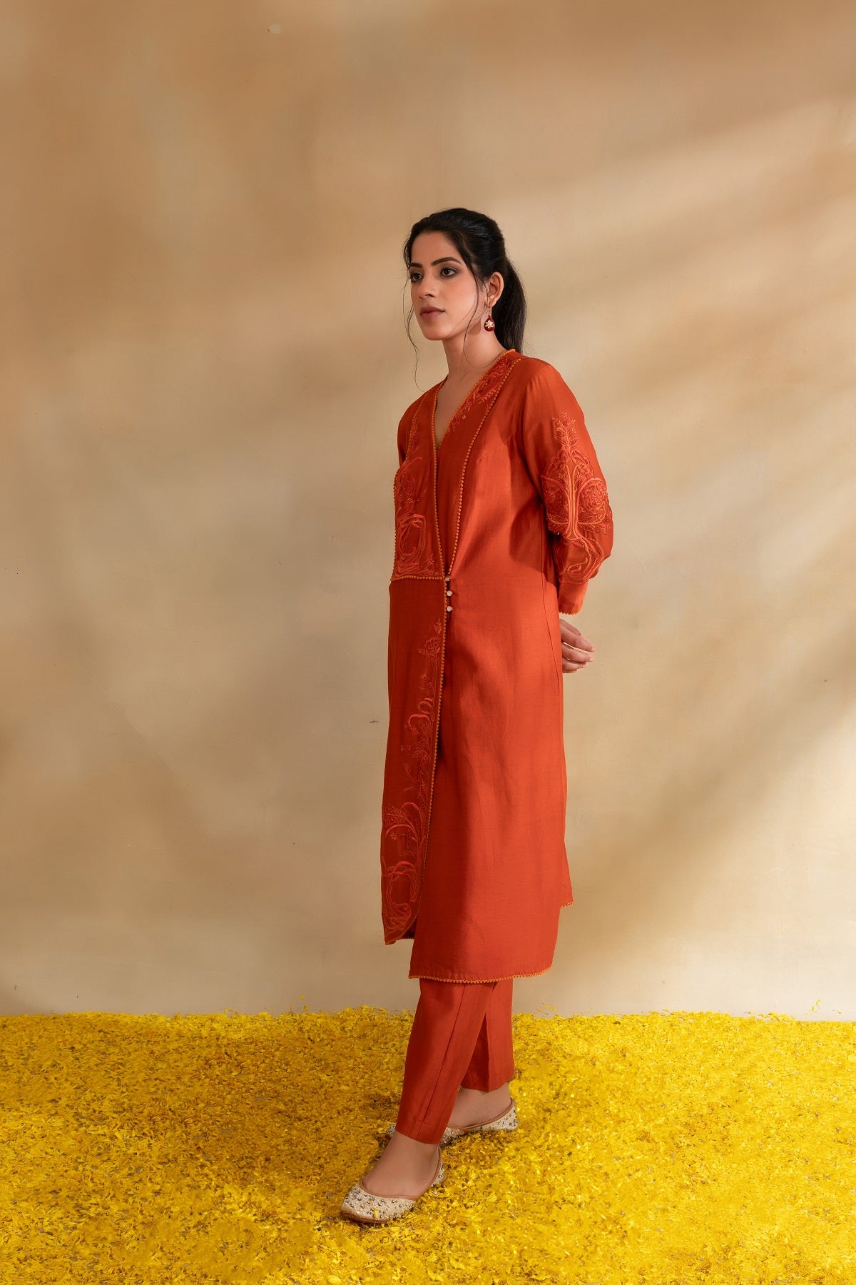 Rust Silk chanderi tunic set and pant