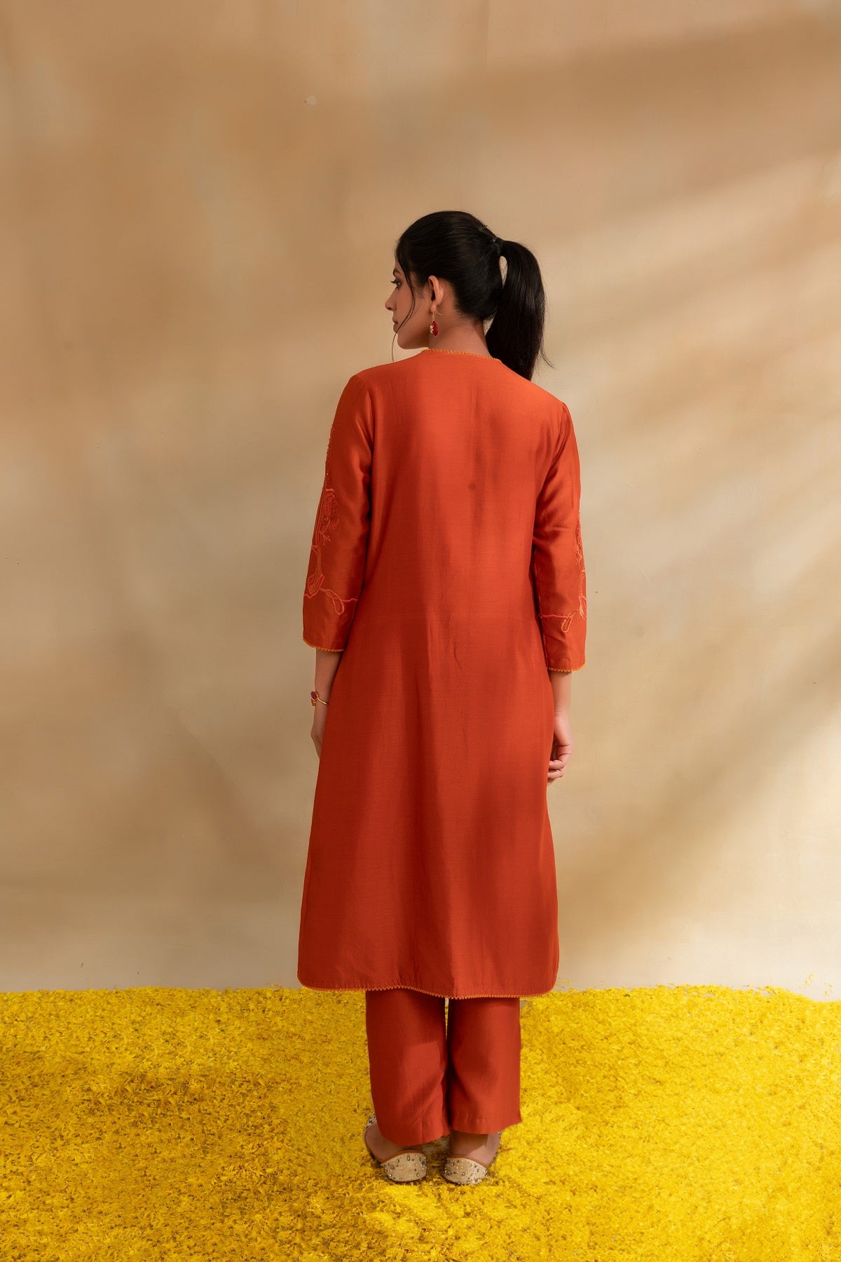 Rust Silk chanderi tunic set and pant