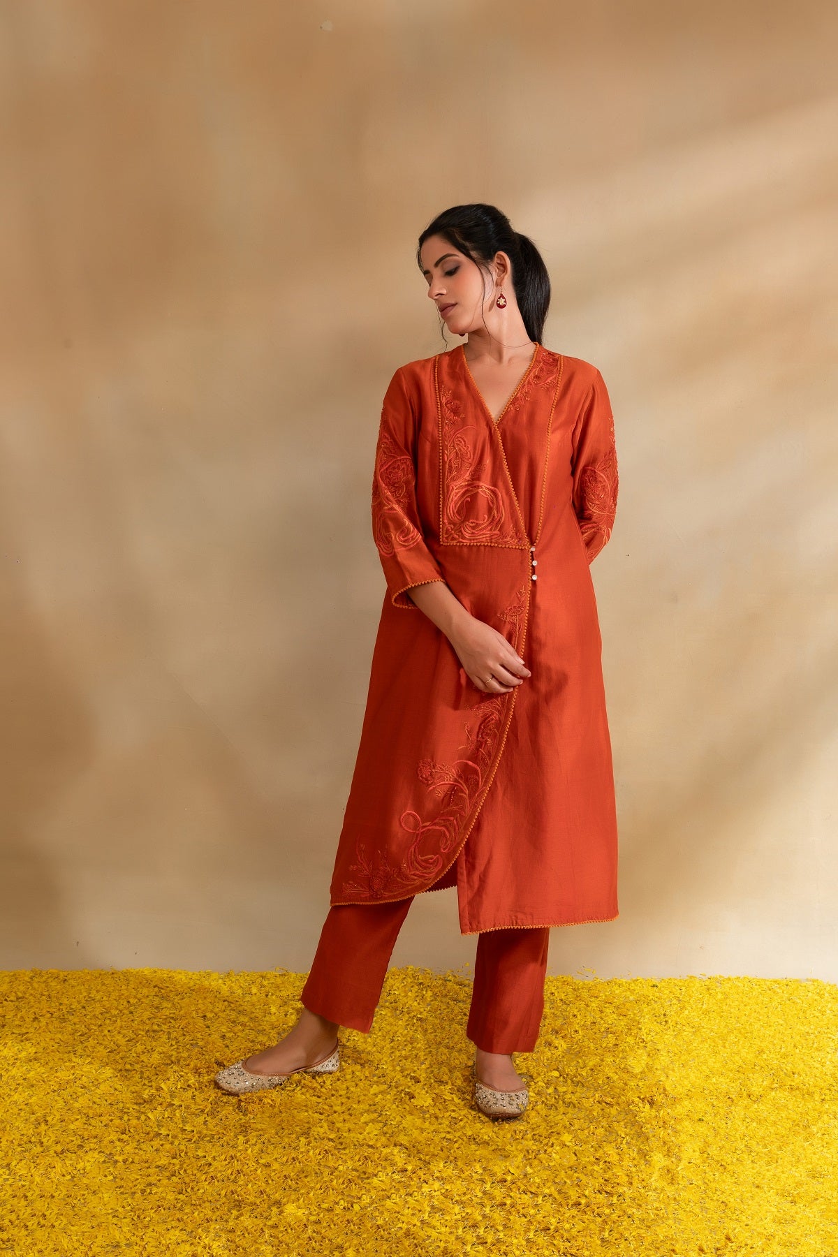 Rust Silk chanderi tunic set and pant