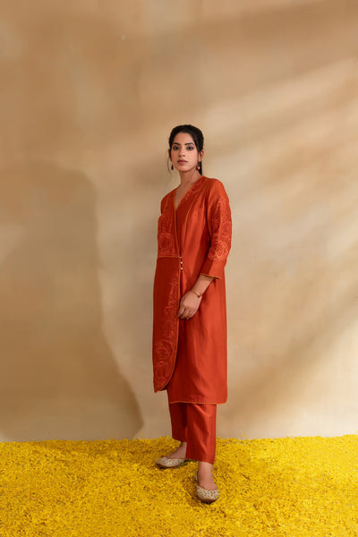 Rust Silk chanderi tunic set and pant