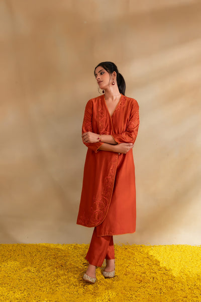 Rust Silk chanderi tunic set and pant