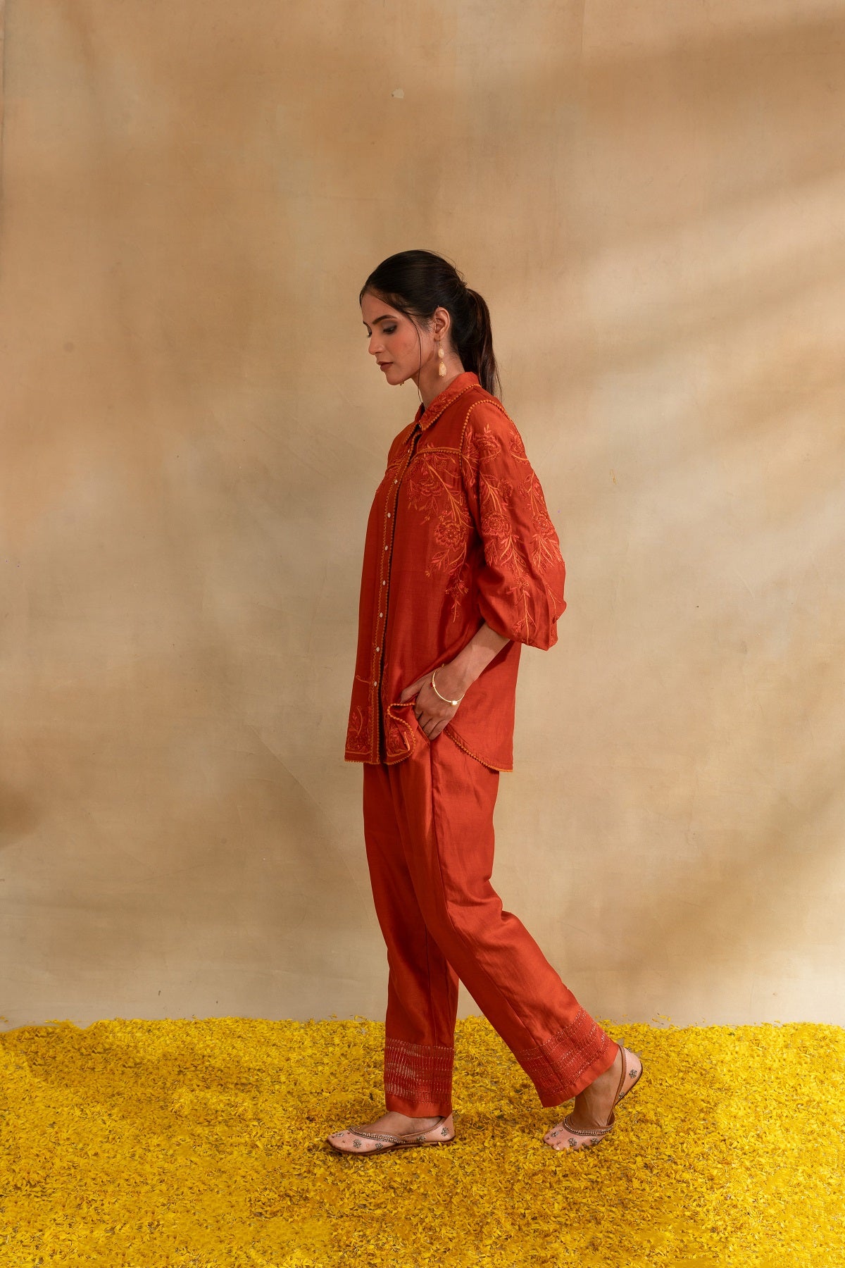 Rust Silk chanderi shirt set and pants