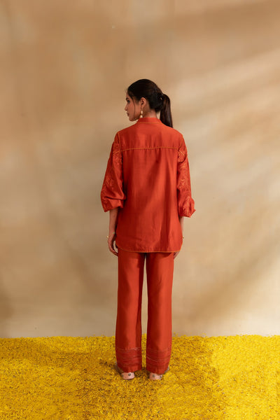 Rust Silk chanderi shirt set and pants