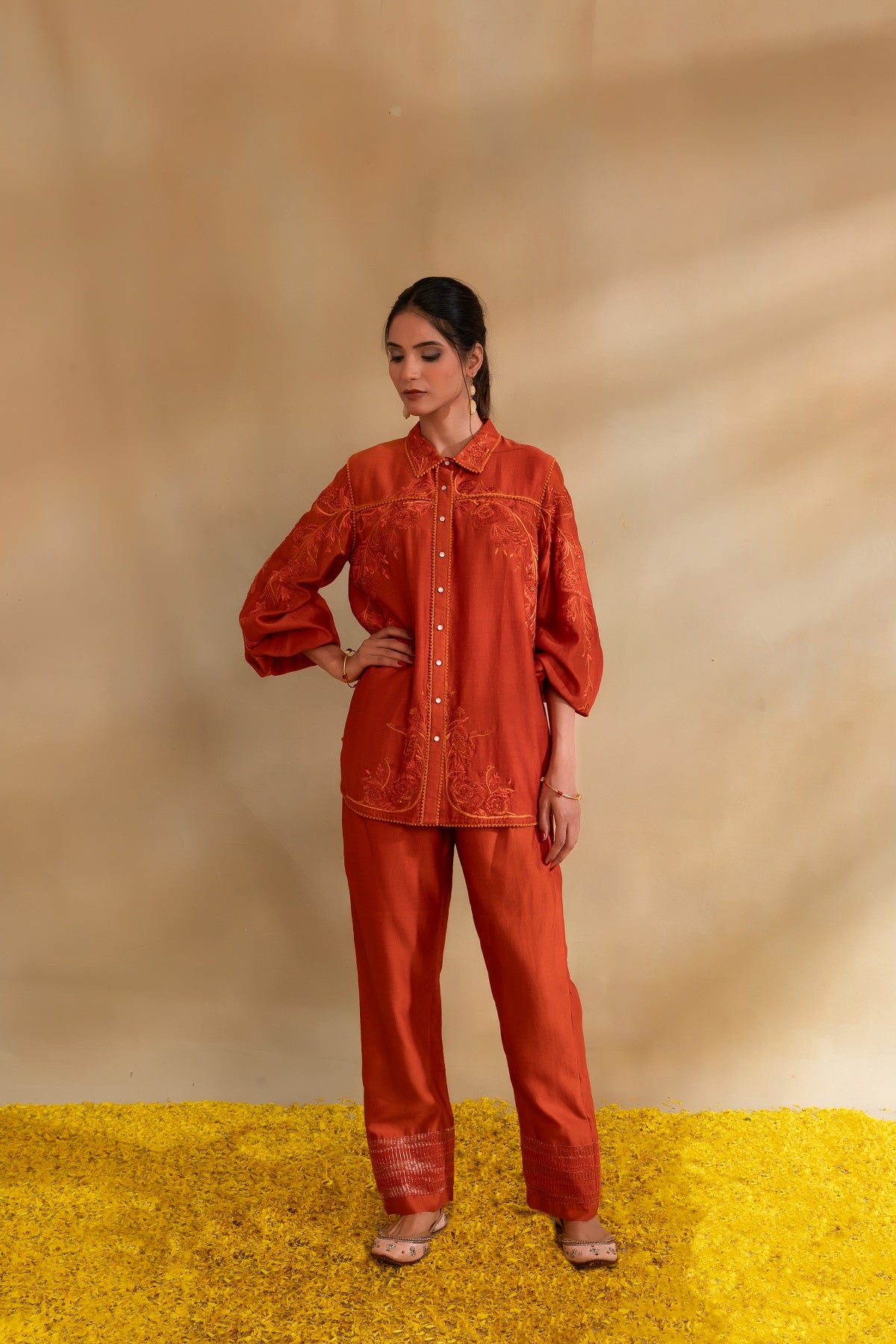 Rust Silk chanderi shirt set and pants