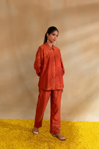 Rust Silk chanderi shirt set and pants