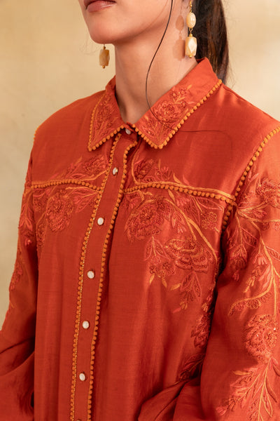 Rust Silk chanderi shirt set and pants