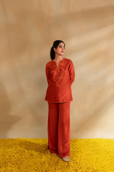 Rust Silk chanderi top set and modal satin pant