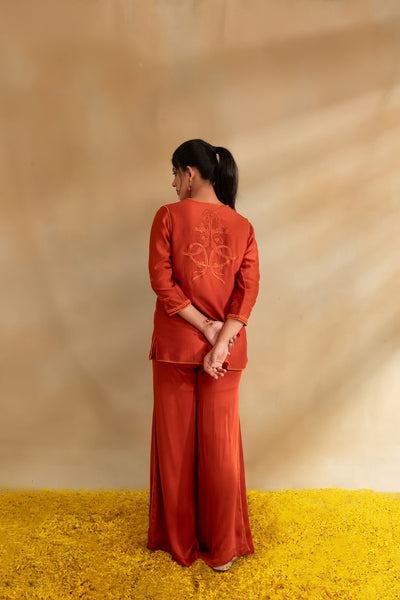 Rust Silk chanderi top set and modal satin pant