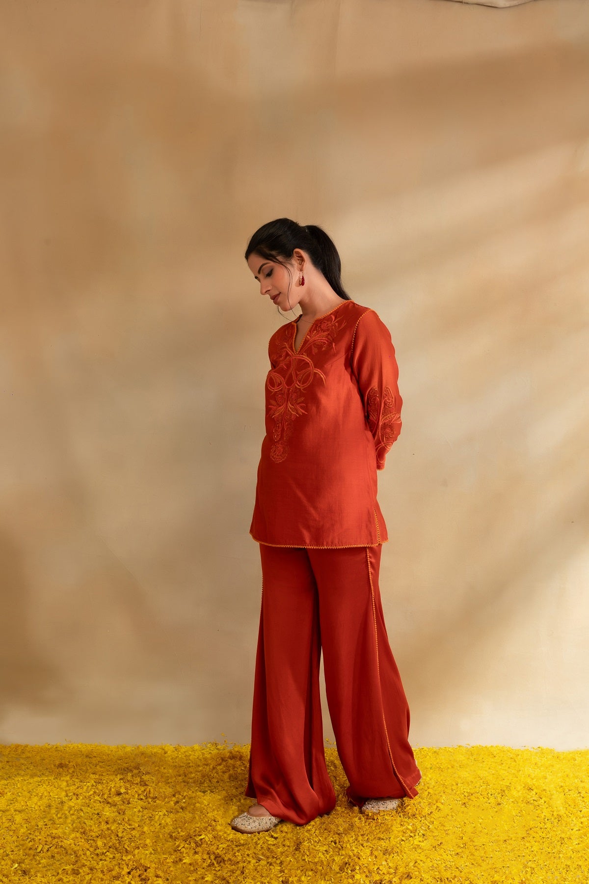 Rust Silk chanderi top set and modal satin pant