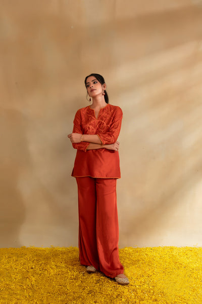 Rust Silk chanderi top set and modal satin pant