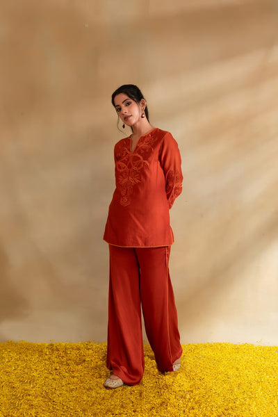 Rust Silk chanderi top set and modal satin pant