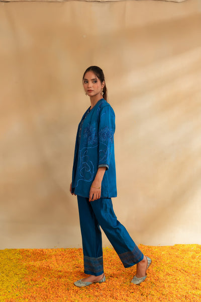 Peacock Blue Silk chanderi top pant