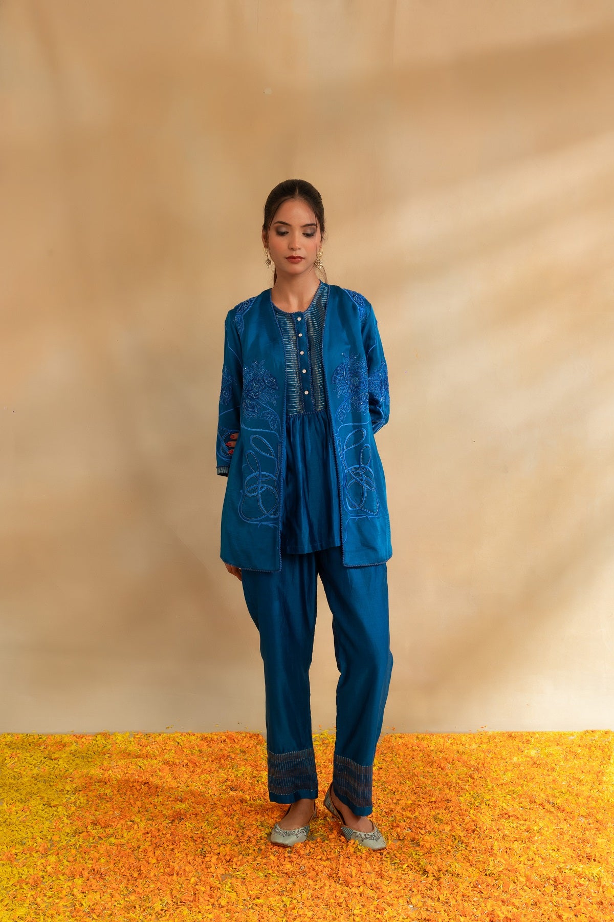 Peacock Blue Silk chanderi top pant