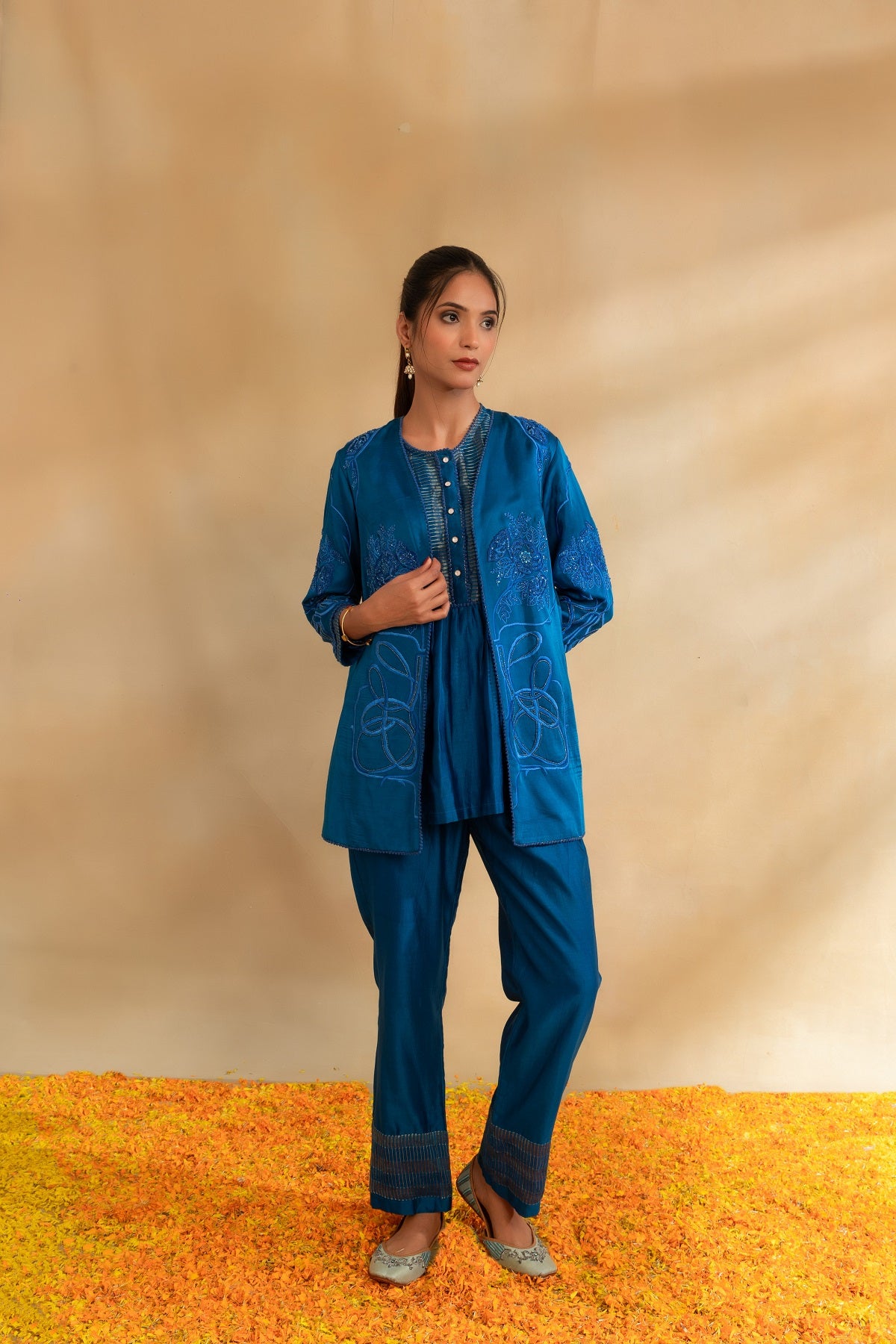 Peacock Blue Silk chanderi top pant