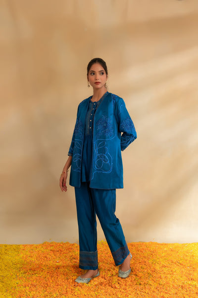 Peacock Blue Silk chanderi top pant