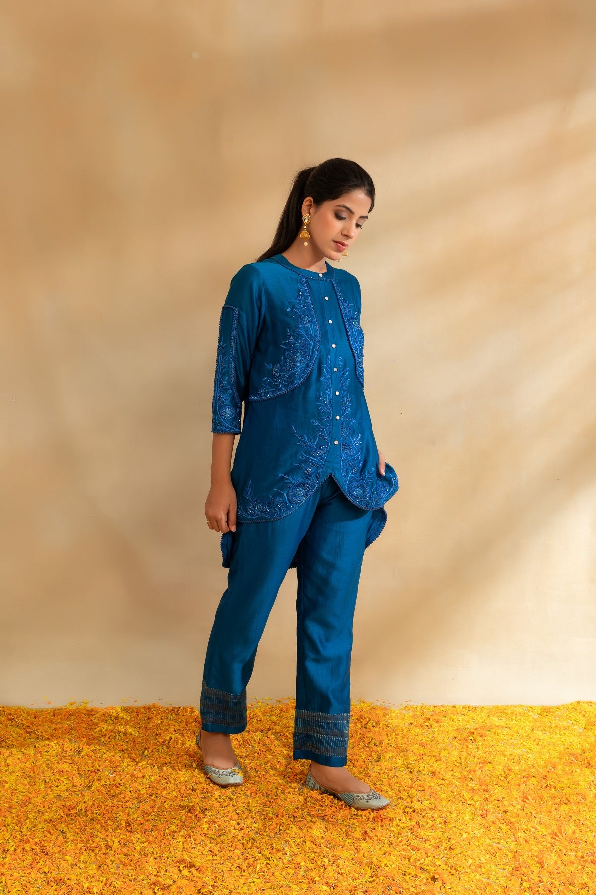 Peacock blue Silk chanderi co-ord set and pant