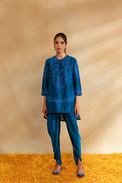 Peacock blue Silk chanderi kurti set and dhoti pant