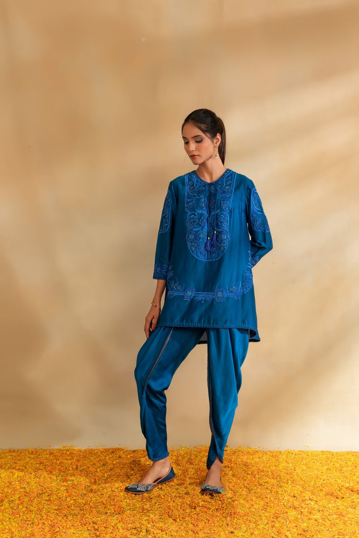 Peacock blue Silk chanderi kurti set and dhoti pant