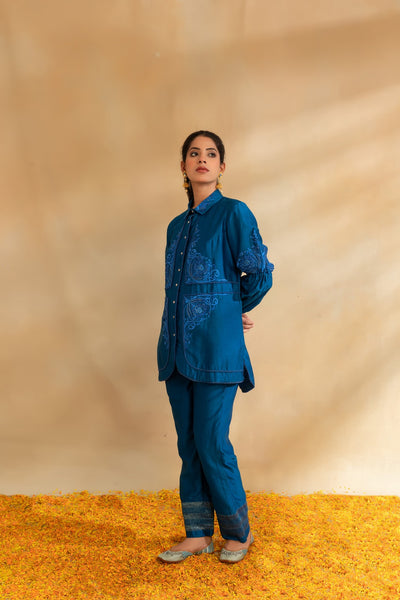 Peacock blue Silk chanderi shirt set and pant