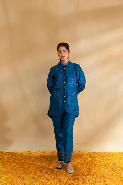 Peacock blue Silk chanderi shirt set and pant