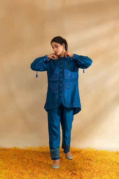 Peacock blue Silk chanderi shirt set and pant