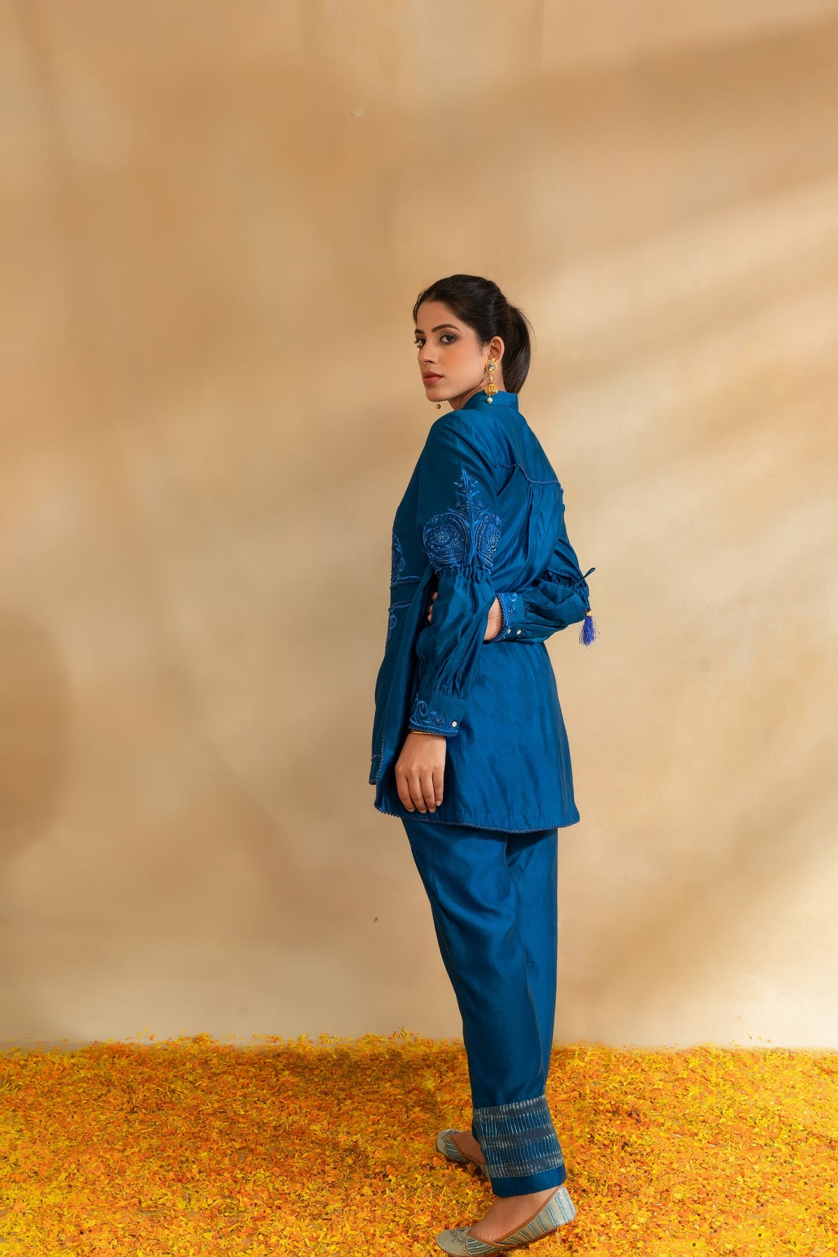 Peacock blue Silk chanderi shirt set and pant