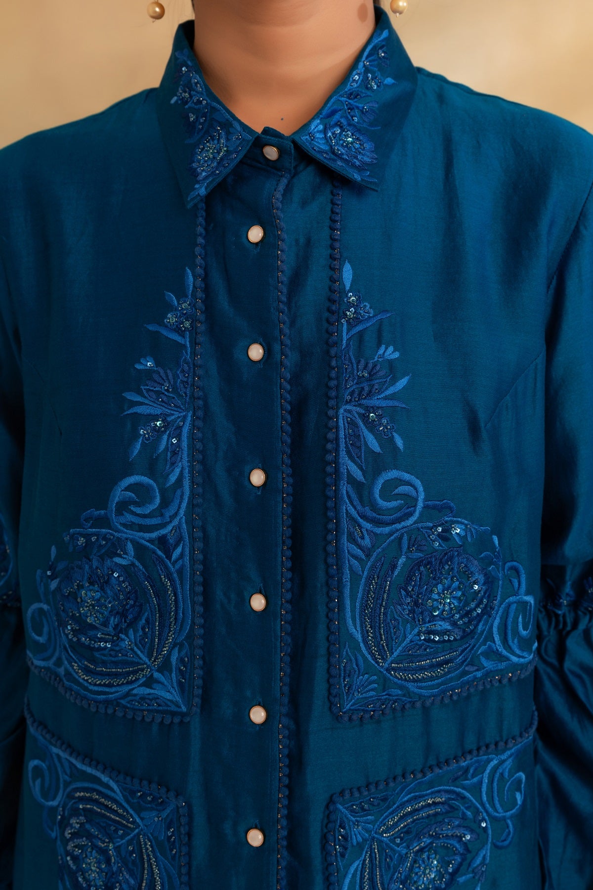 Peacock blue Silk chanderi shirt set and pant